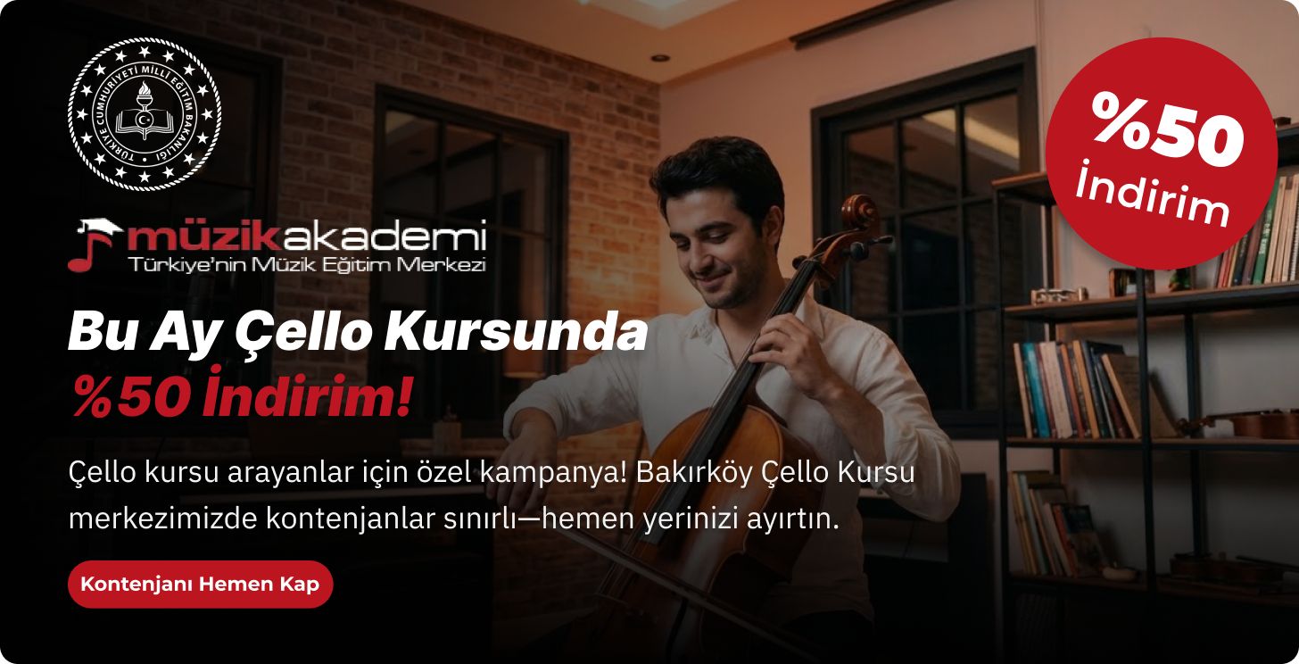 Bakırköy Müzik Akademi çello kursu kampanyası – bu ay çello eğitimlerinde %50 indirim, profesyonel eğitmenle çello çalan öğrenci görseli