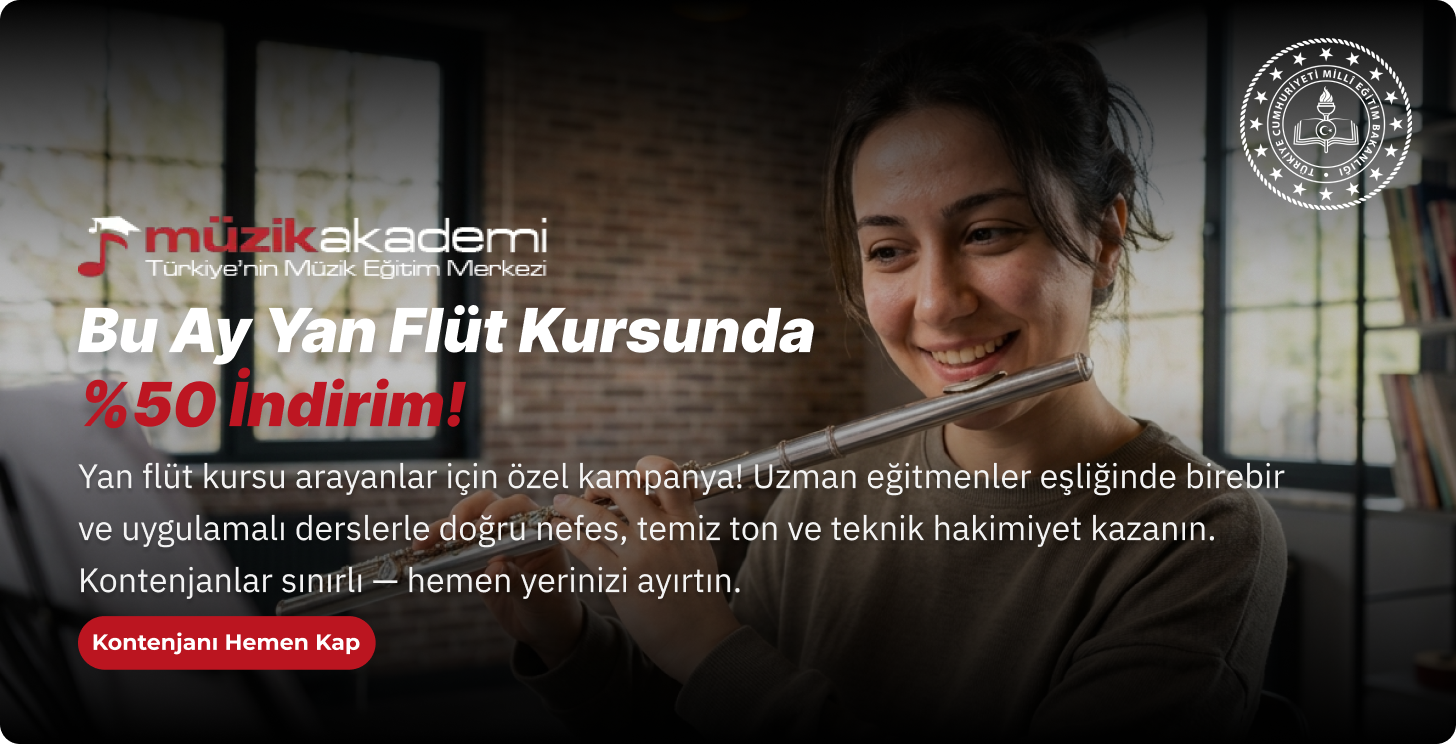 MEB onaylı Müzik Akademi yan flüt kursunda %50 indirim fırsatı; uzman eğitmenlerden birebir ve uygulamalı yan flüt eğitimi tanıtım bannerı.