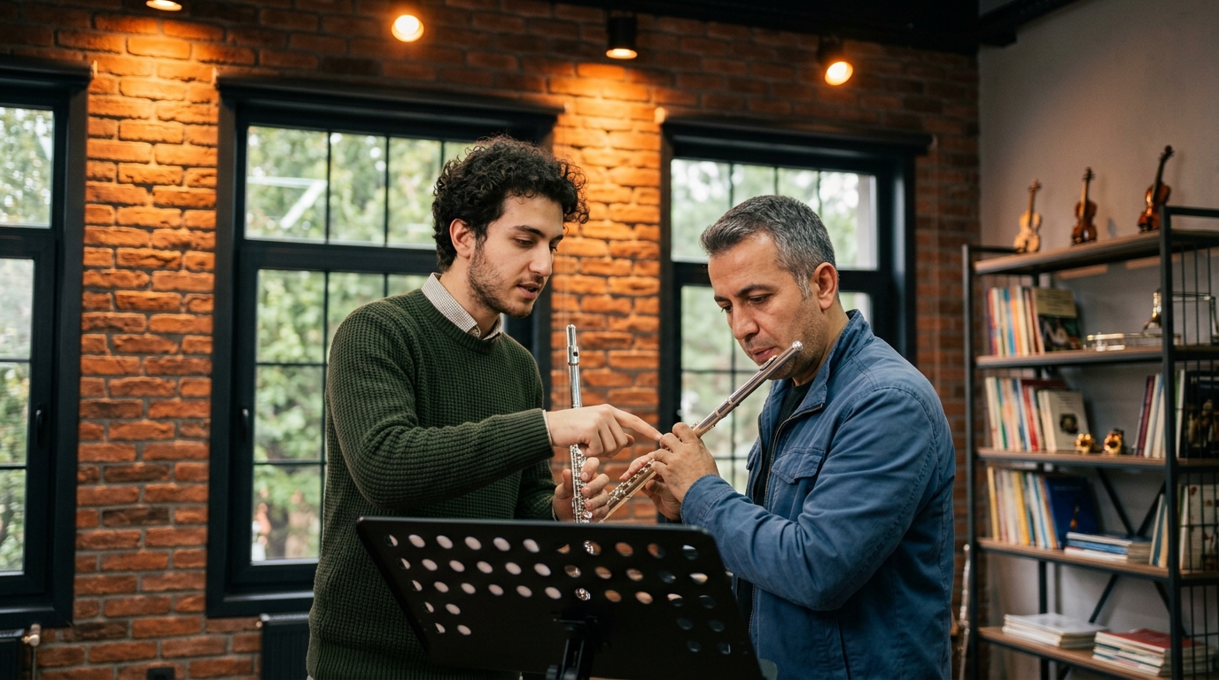 Müzik Akademi yan flüt eğitimi sınıfları ve samimi sanat ortamı.