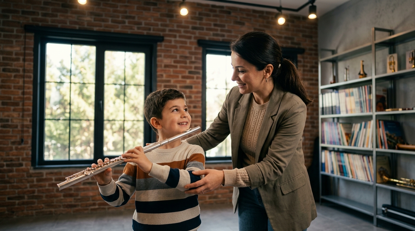 Çocuk yan flüt kursu kayıt öncesi fiziksel uygunluk ve teknik başlangıç eğitimi.