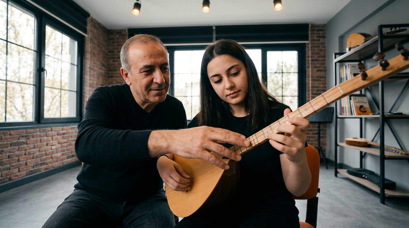 bağlama çalma hataları kapsamında eğitmenin el pozisyonu düzeltmesi