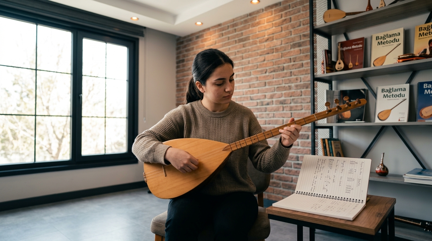 bağlama çalmaya yeni başlayanlara tavsiyeler kapsamında pratik yapan öğrenci