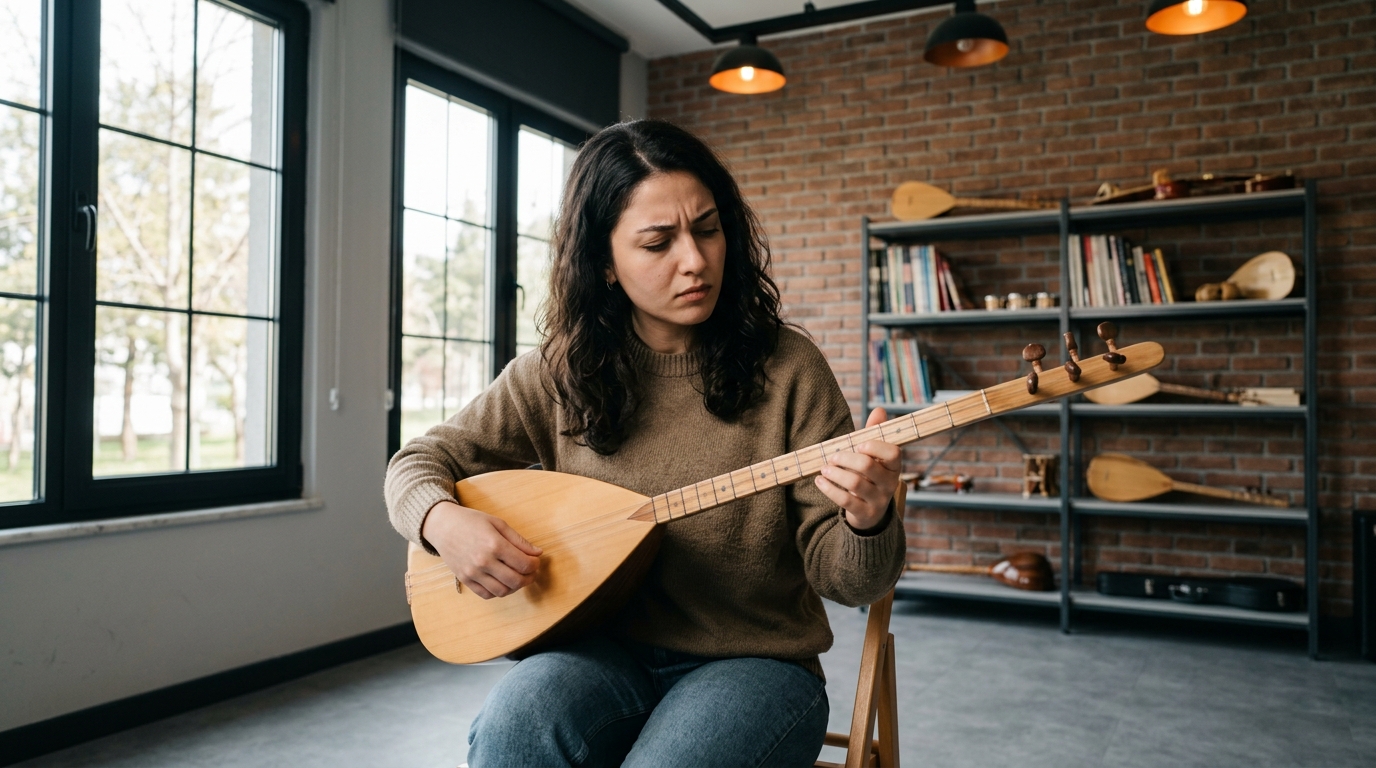 bağlama çalmak zor mu sorusuna yönelik pratik yapan başlangıç seviyesi öğrenci