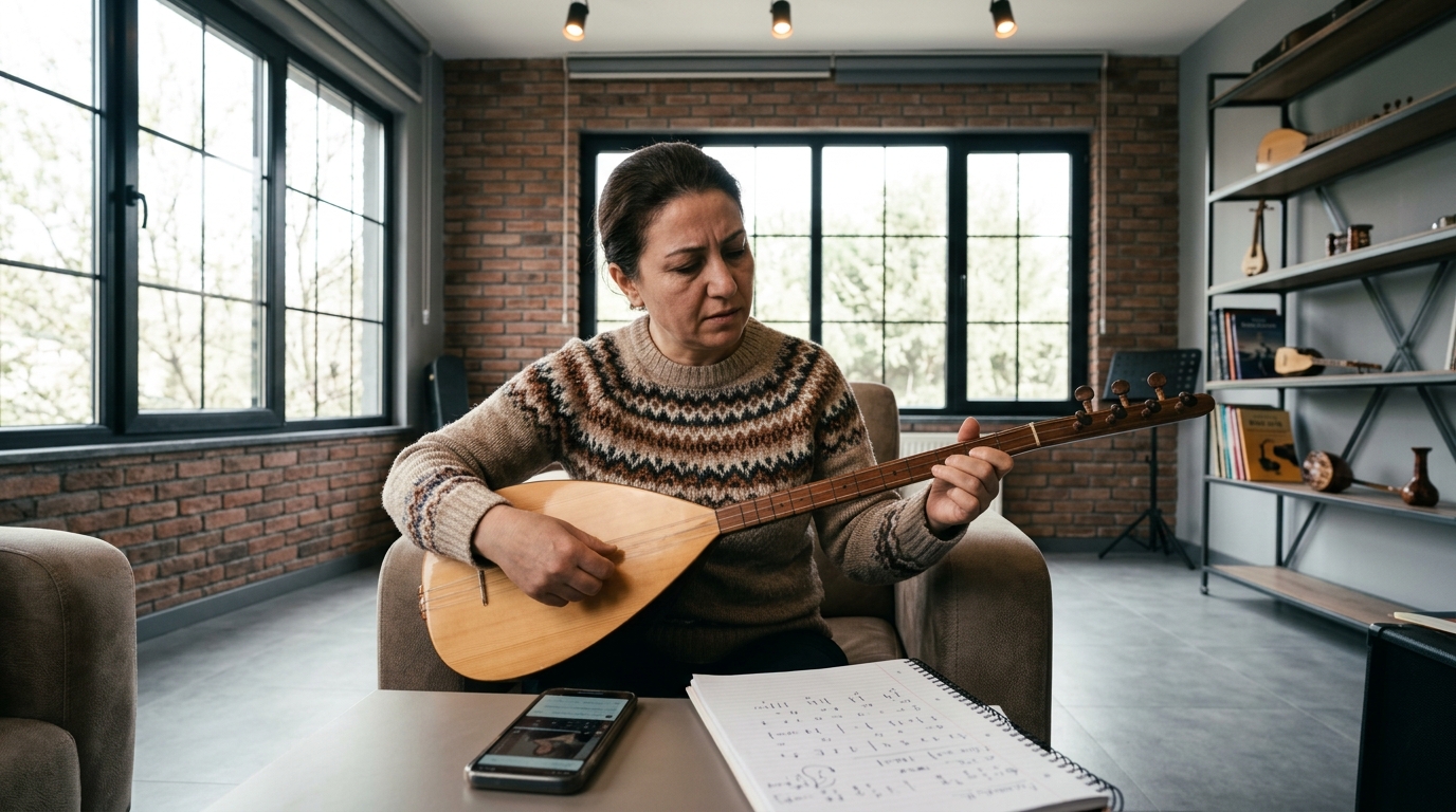 kursa gitmeden bağlama öğrenmeye çalışan kişinin ev ortamında pratik yapması