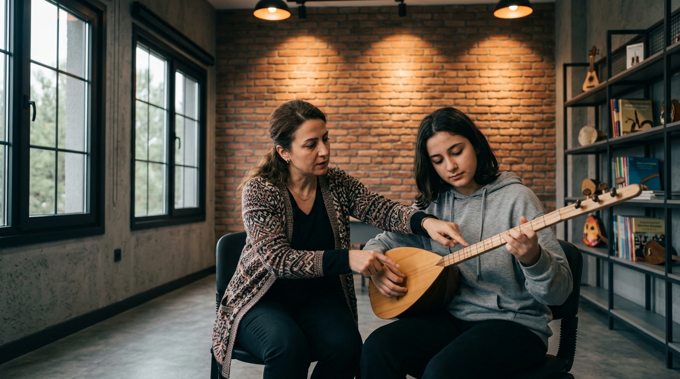 kız öğrenci bağlama dersinde ve  kadın öğretmeni ile derste