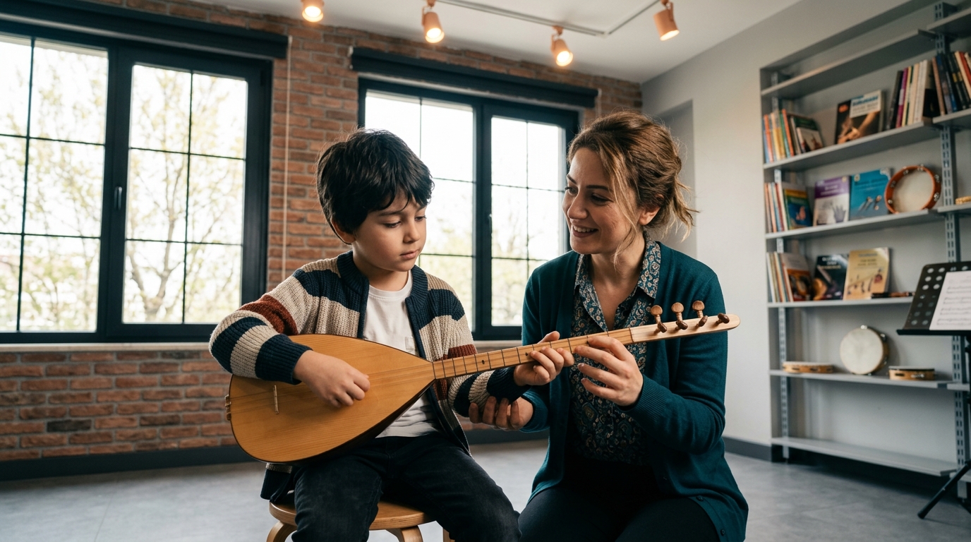 çocuklar için bağlama kursunda eğitmen eşliğinde ders alan öğrenci