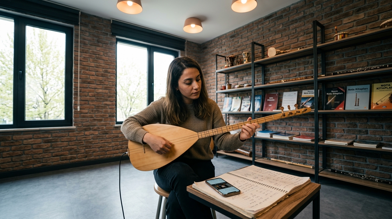 kendi kendine bağlama öğrenme sürecinde evde pratik yapan kişi