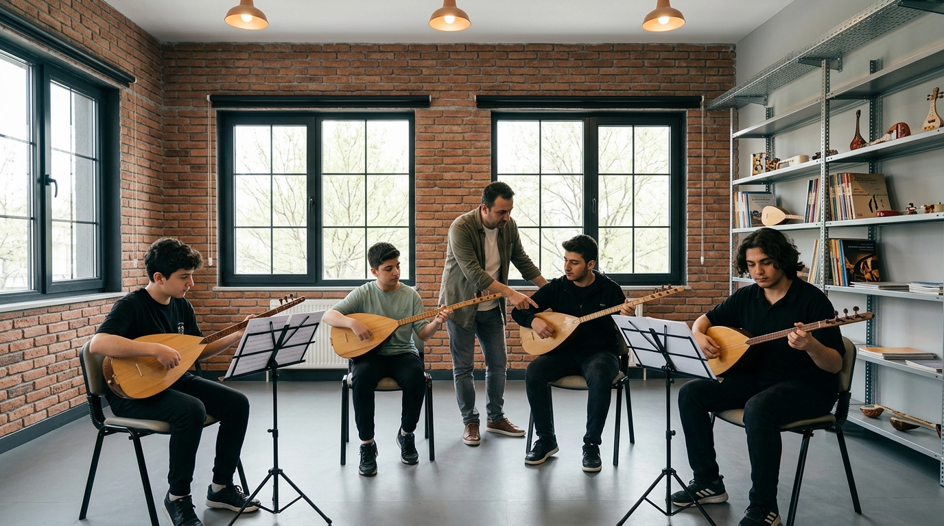 bağlama grup dersinde hocaları ile çekilmiş bir fotoğraf