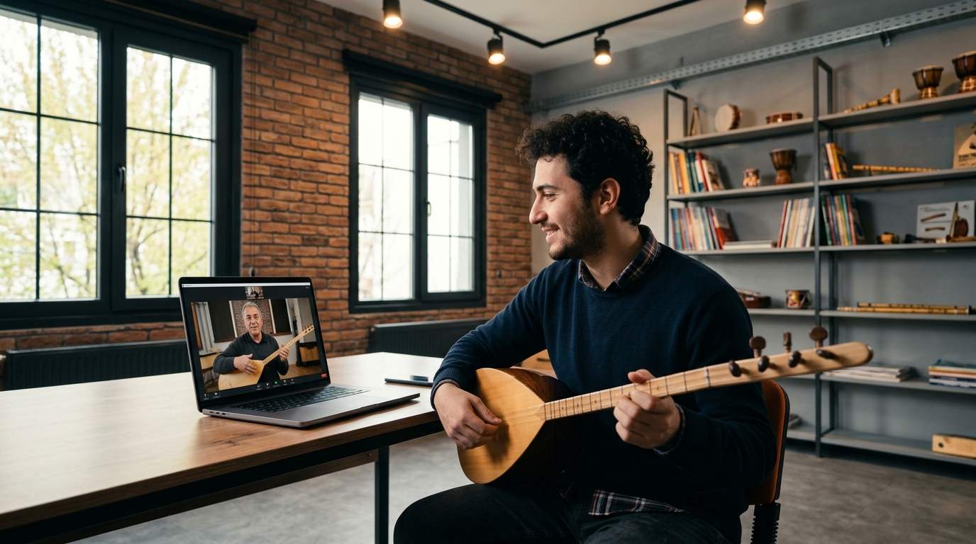 online bağlama dersi alan öğrenci ve laptoptan zoom üzerinden ona ders veren hocası
